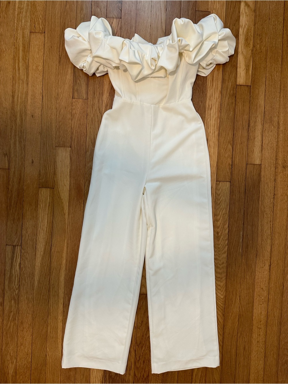 Club L London Off White Off-Shoulder Ruffle Wide-Leg Jumpsuit